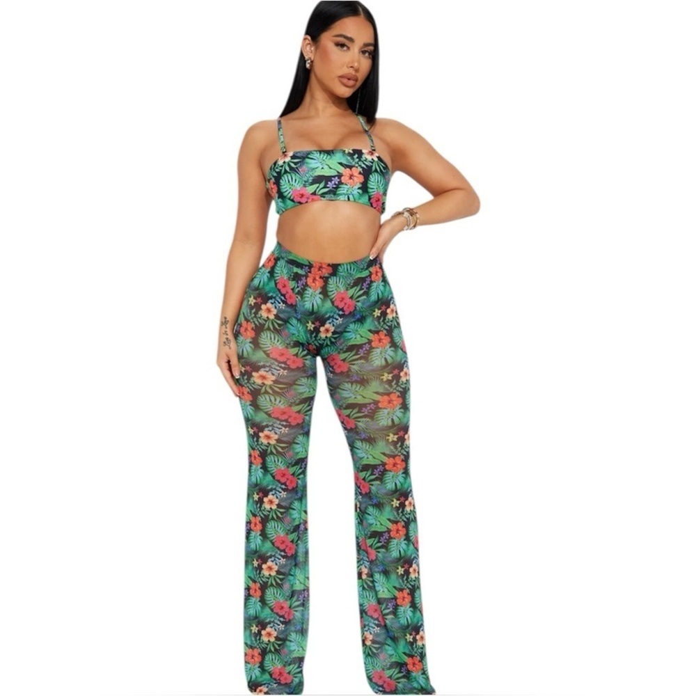 Fashion Nova Flowy Sunshine Green/combo See Through sheer Cover Up Pant